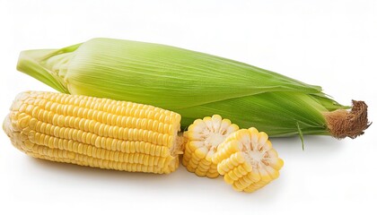 Wall Mural - Maize or yellow corn - Zea mays - ready to be shucked, cut, cooked and eaten or used as an ingredient in cooking isolated on white background