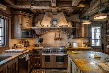 Poster - Rustic style kitchen with wooden furniture, shelves and cupboards, but with modern kitchen appliances and tools. Interior. Generative AI