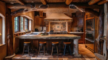 Poster - Rustic style kitchen with wooden furniture, shelves and cupboards, but with modern kitchen appliances and tools. Interior. Generative AI