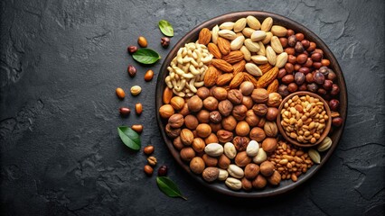 Wall Mural - Assorted nuts and seeds on a wooden plate with leaves on a dark background.