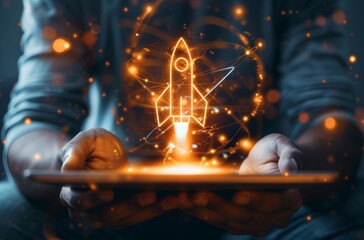 Poster - Startup business concept. A person holding an icon of rocket or space ship with arrows up, representing growth and success in business.