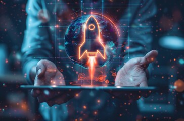 Poster - Startup business concept. A person holding an icon of rocket or space ship with arrows up, representing growth and success in business.