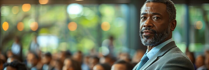 Wall Mural - A speaker addresses a business audience in a modern hall, delivering a seminar to a focused group