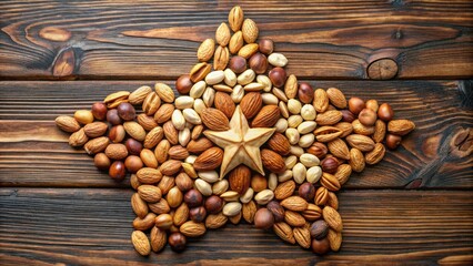 Sticker - Creative star-shaped arrangement of assorted nuts on a wooden background.