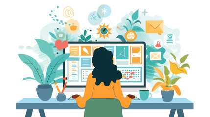 Poster - A woman sits at a computer desk in a home office, surrounded by plants and colorful digital icons, focusing on multiple tasks