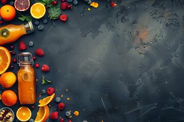 Assorted fresh juices with fruits and berries on a dark background, symbolizing healthy and refreshing drink options in a vibrant setting.