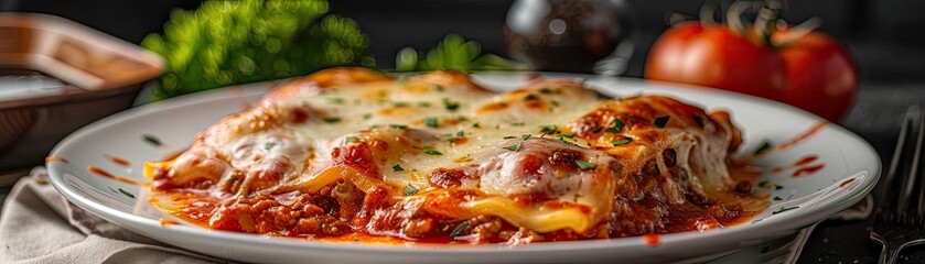 Wall Mural - Delicious homemade lasagna served on a white plate, garnished with herbs and surrounded by fresh ingredients in a cozy kitchen setting.