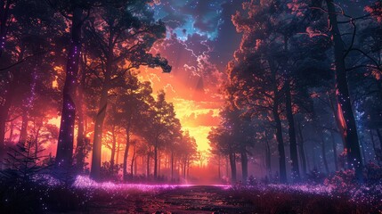 Wall Mural - A photo of a mystical forest with bioluminescent trees, a twilight sky with auroras and ethereal mists in the background