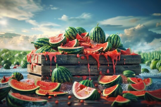 Fresh watermelons sliced open, spilling juice in a wooden crate, set against a vibrant field and blue sky background.