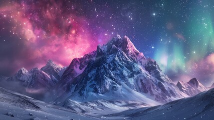 Wall Mural - A photo of a snowy mountain with crystalline ice structures, a night sky with northern lights and twinkling stars in the background