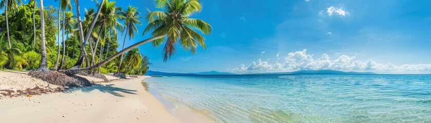 Wall Mural - Tropical beach with palm trees, serene and picturesque, white sandy shore, crystal clear water, vibrant and sunny, natural beauty, idyllic paradise, copy space.