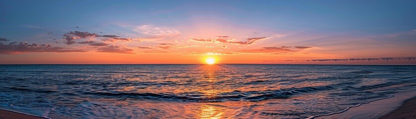 Wall Mural - Sunset over the ocean, serene and breathtaking, vibrant colors, tranquil and peaceful, natural beauty, beach landscape, clear horizon, copy space.