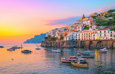 Poster - A panoramic view of the picturesque cityscape of Amalfi Coast, showcasing its colorful buildings and lush greenery along the coastline at sunset