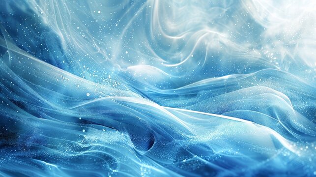 Flowing blue and white hues snowy textures and light particles in a winter-themed background backdrop