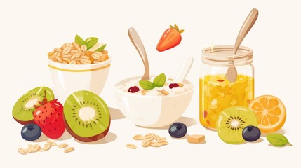 Wall Mural - Illustration of a classic oatmeal breakfast paired with a crunchy granola jar embodying the idea of a wholesome and nutritious meal Isolated in a 2d format against a white background