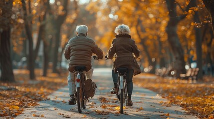 Wall Mural - Two fun-loving seniors bike together in the fall to stay fit and healthy. Active elderly couple on bicycles