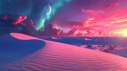 Wall Mural - A photo of a surreal desert with pink sand dunes, a twilight sky with a brilliant aurora and a crescent moon in the background