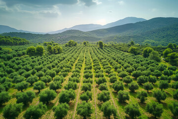 Wall Mural - Aerial view of lush olive groves in peak season, background with empty space for text 