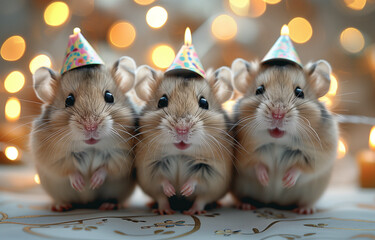 Wall Mural - Three fluffy hamsters are wearing birthday hats.
