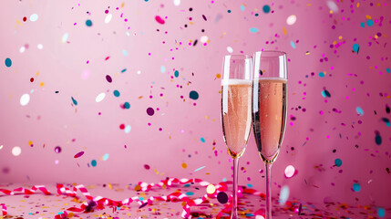 Sticker - Champagne flutes and confetti celebration, background with empty space for text 