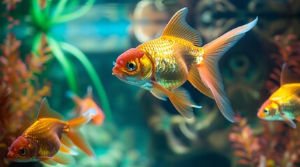 Goldfish swimming in a tank, vibrant and lively, indoor pet, bright and cheerful, home environment, colorful aquarium, natural light, serene and peaceful, copy space.