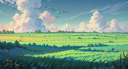 Green field and valley with sky, cloud and bright day landscape. Anime style nature background.