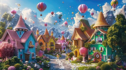 Wall Mural - A photo of a whimsical village with candy-colored houses, a bright sky with flying balloons and cheerful crowds in the background