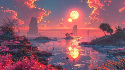 Wall Mural - A photo of an alien landscape with glowing vegetation, a sky with two suns and floating islands in the background