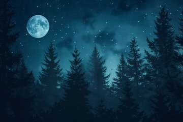 Wall Mural - Moonlit forest under starry night sky, background with empty space for text 