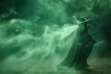 Sandman sprinkling dream dust, isolated on a soft green gradient background 