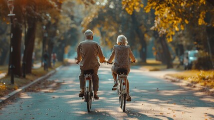 Wall Mural - Two fun-loving seniors bike together in the fall to stay fit and healthy. Active elderly couple on bicycles