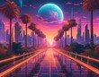 © Christine - The Earth hovering above a city far below. A tree lined passageway on the Earth is illuminated with glowing purple and pink lights in this futuristic synth wave illustration.