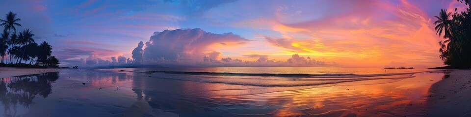 Wall Mural - A stunning view of a tropical beach at sunset, with the sky ablaze in shades of orange, pink, and purple. The calm ocean water mirrors the colors of the sky, creating a breathtaking scene.