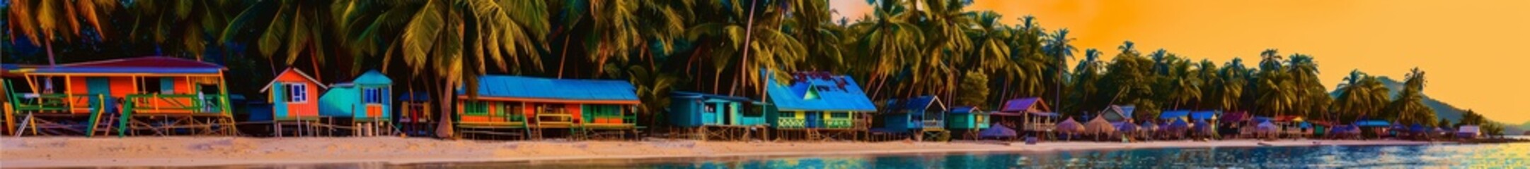 Sticker - A tropical island beach at sunset, with colorful beach huts lining the shore and palm trees swaying in the breeze. The vibrant colors of the sky reflect off the clear blue water, creating a magical