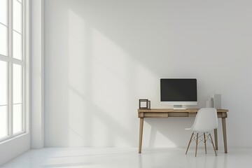 Modern Home Office Interior. Comfortable office chair near table with modern computer. Scandinavian Style Attic Modern Home Office Interior. Stylish workplace for bloggers. Home design. White walls.