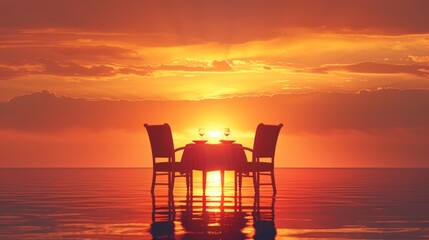 Poster - A table with two chairs and a wine glass is set up on the beach at sunset