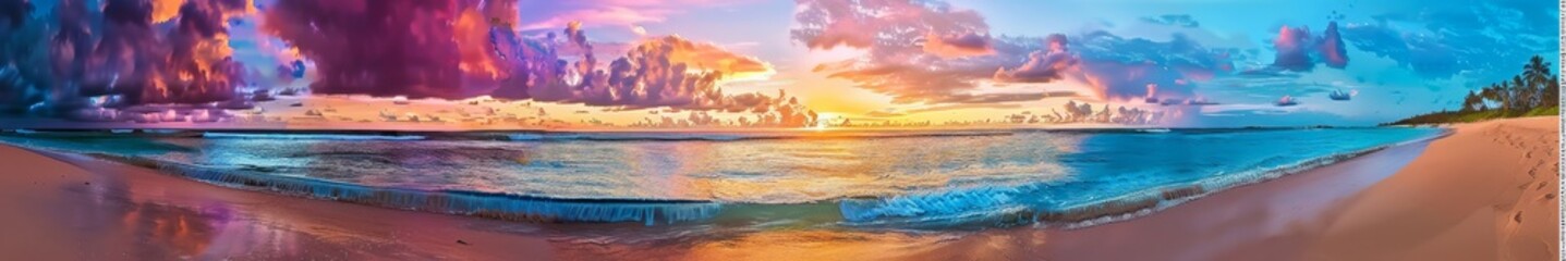 Wall Mural - A vibrant sunset over a tropical beach, with colorful skies and the sun casting long shadows on the sand. The ocean waves create a soothing background sound for a perfect vacation.