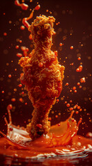 Sticker - Delicious fried chicken nuggets and flying sauce on red background