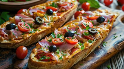 Wall Mural - Pizza baguettes topped with olives tomatoes and ham served on a wooden surface