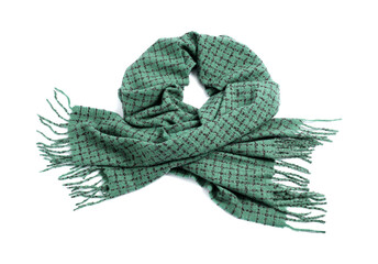 Wall Mural - One beautiful green scarf on white background, top view