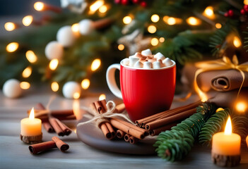 Wall Mural - A white cup of hot chocolate with marshmallows and cinnamon sticks, surrounded by Christmas decorations and lights