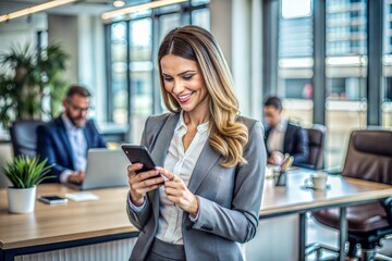 Wall Mural - businesswoman using smartphone in office