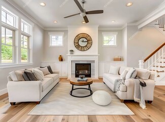 Wall Mural - Photo of large living room with white walls, wooden floors and grey ceiling fan
