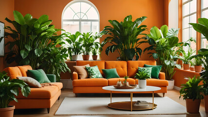 Wall Mural - Interior of orange living room with green houseplants and sofas, Generative AI