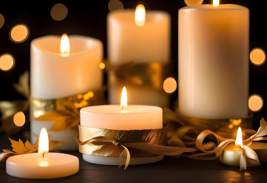 A dark background with white candles and gold leaf garland arranged in a line