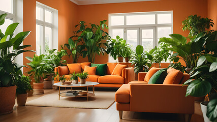 Wall Mural - Interior of orange living room with green houseplants and sofas, Generative AI