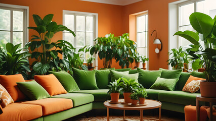 Wall Mural - Interior of orange living room with green houseplants and sofas, Generative AI
