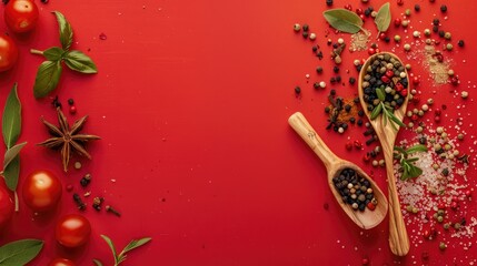 Wall Mural - Wooden spoon with spices and cooking ingredients on red background with organic food Vegetarian diet and healthy eating concept close up view with space for text