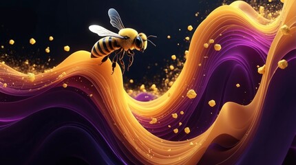 Wall Mural - abstract background with wavy bee glow particles