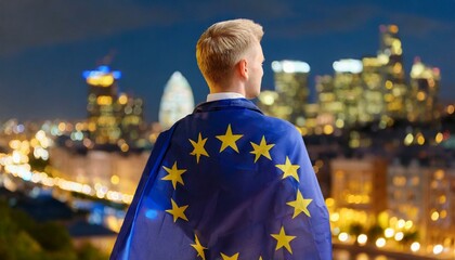 Wall Mural - man stands backwards with a developing European flag on her shoulders, against a blurred background of a night city